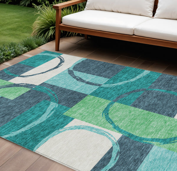Homeroots 3' Abstract Washable Indoor Outdoor Area Rug In Stylish Mint Green Design For Versatile Spaces Teal Blue Polyester 612597