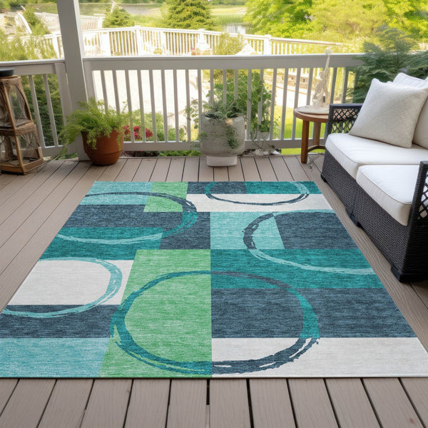 Homeroots 3' Abstract Washable Indoor Outdoor Area Rug In Stylish Mint Green Design For Versatile Spaces Teal Blue Polyester 612598