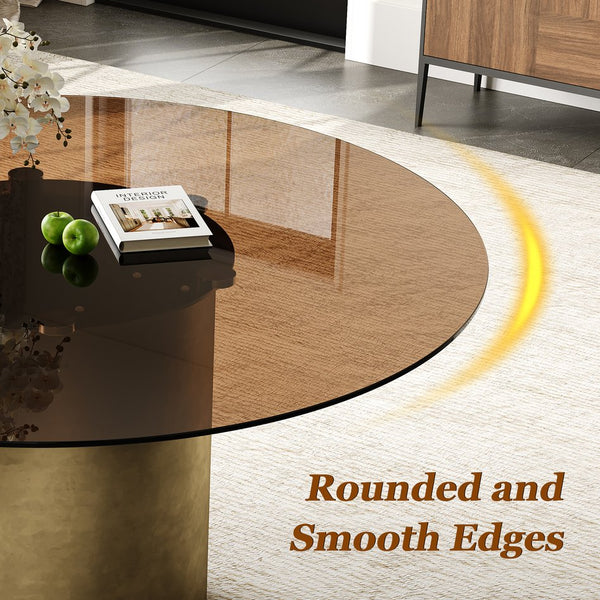 English Elm 59-Inch Round Dining Table - Elegant Dark Brown Glass Top With Antique Copper Steel Legs For 6-8 W509S00145