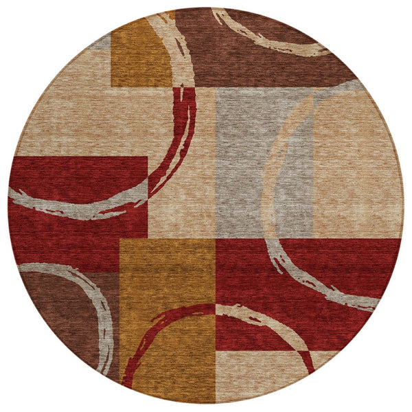 HomeRoots 5' Wheat and Burgundy Geometric Area Rug - Stylish, Washable, Durable for Indoor and Outdoor Use 8' Round 612601