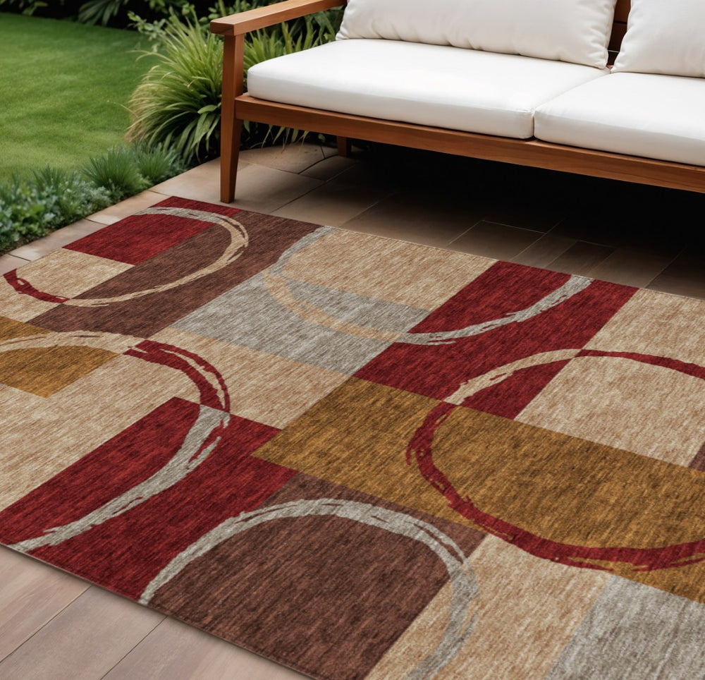 HomeRoots 9' X 12' Geometric Area Rug in Wheat & Burgundy – Durable, Washable, Indoor/Outdoor Versatility! 612603