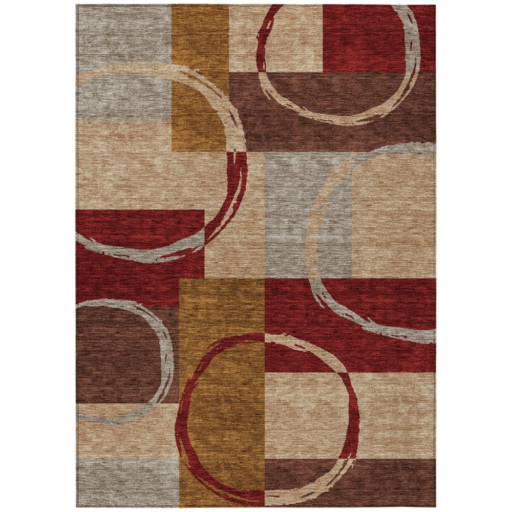 HomeRoots 9' X 12' Geometric Area Rug in Wheat & Burgundy – Durable, Washable, Indoor/Outdoor Versatility! 612603