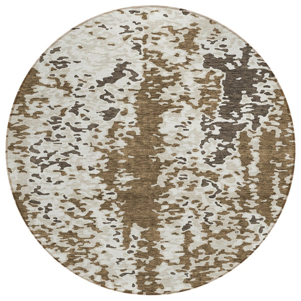 HomeRoots 5' Contemporary Brown and Ivory Abstract Area Rug - Washable Indoor/Outdoor for Effortless Style 8' Round 612607