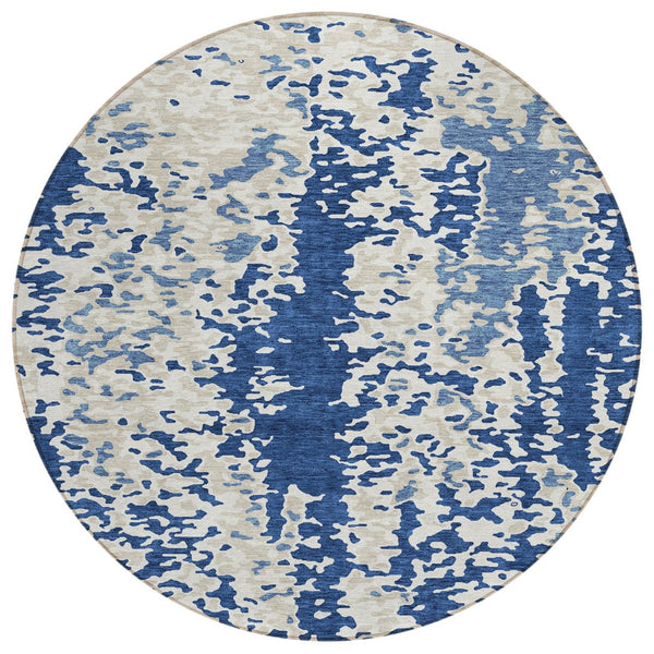 HomeRoots 5' Navy Blue and Ivory Abstract Area Rug - Stylish, Durable, Machine Washable for Indoor or Outdoor Use 8' Round 612631
