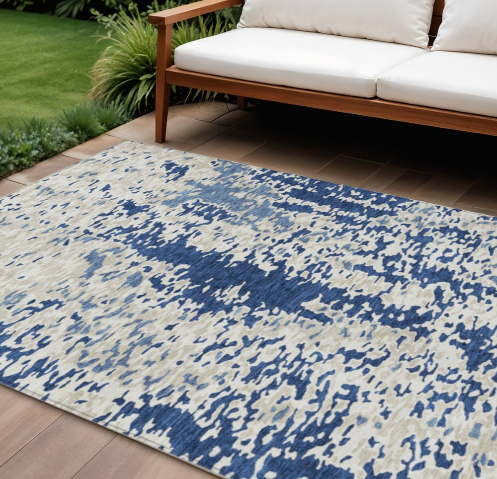 HomeRoots 9' X 12' Navy Blue & Ivory Abstract Area Rug - Durable, Washable, Stylish for Indoor & Outdoor Use 612633