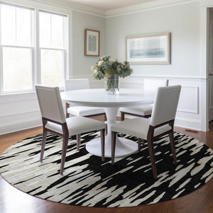 HomeRoots 5' Black and Ivory Abstract Area Rug – Durable, Washable Design for Indoor and Outdoor Use 8' Round 612637
