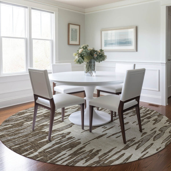 HomeRoots 5' Washable Brown and Ivory Abstract Area Rug - Stylish, Durable Design for Indoor and Outdoor Use 8' Round 612643