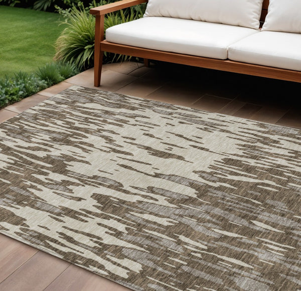 HomeRoots 5' Washable Brown and Ivory Abstract Area Rug - Stylish, Durable Design for Indoor and Outdoor Use 10' X 14' 612646