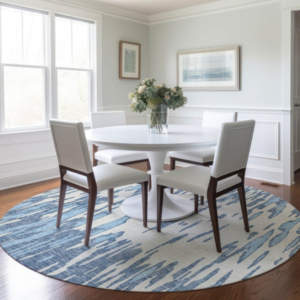 HomeRoots 5' Denim Blue and Ivory Abstract Area Rug – Stylish, Washable Design for Indoor and Outdoor Spaces 8' Round 612649