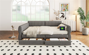 English Elm Queen Lambswool Platform Bed with Usb Charging Armrests and Under Storage Drawers Gray N7500000601E