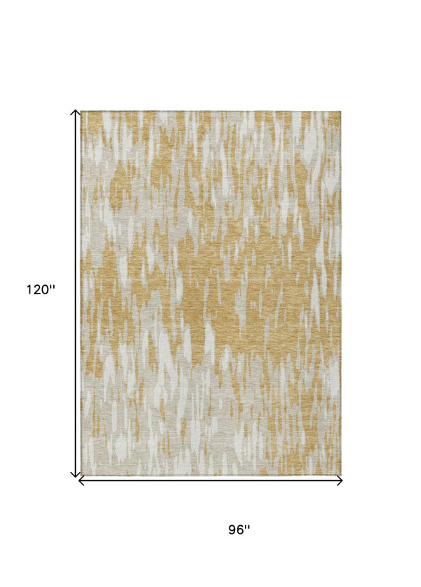 HomeRoots 5' Gold and Ivory Abstract Area Rug - Durable, Washable Design for Indoor and Outdoor Spaces 8' X 10' 612662