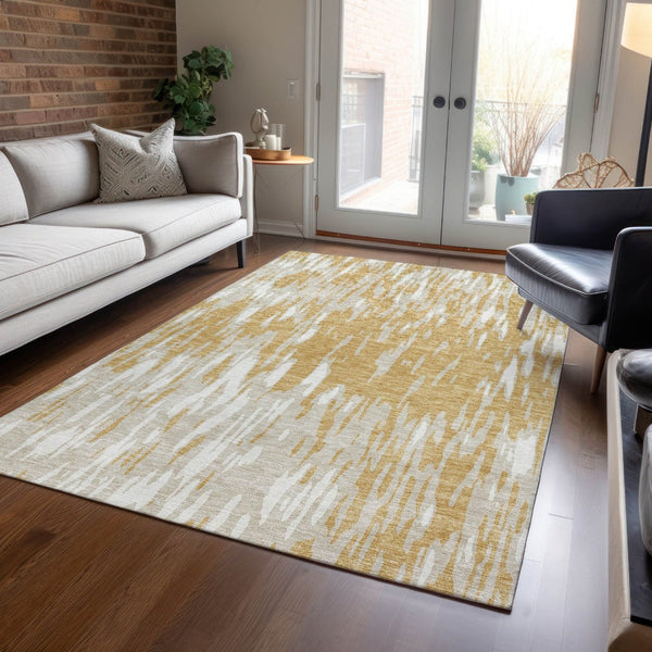 HomeRoots 5' Gold and Ivory Abstract Area Rug - Durable, Washable Design for Indoor and Outdoor Spaces 9' X 12' 612663