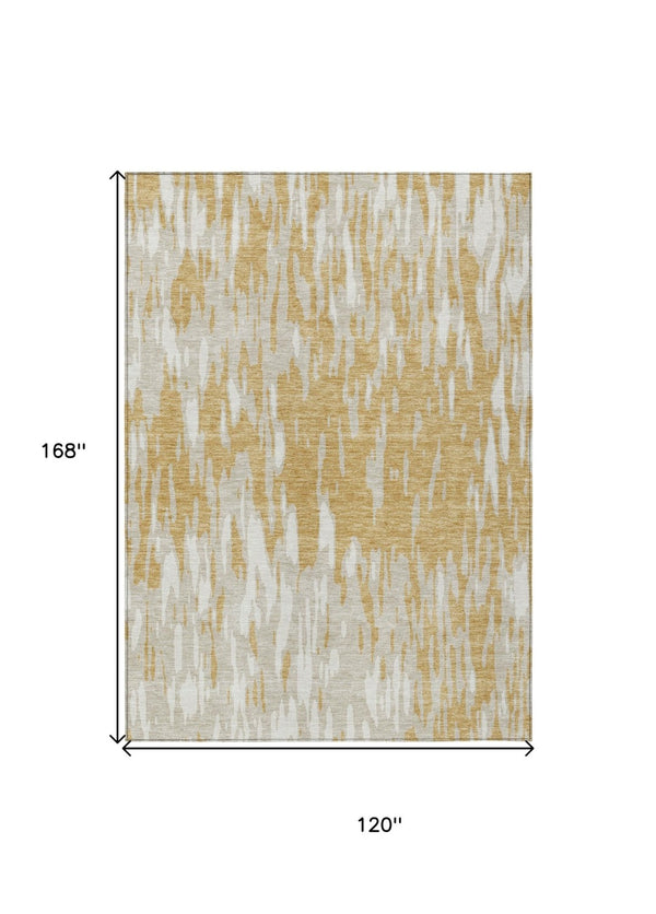 HomeRoots 5' Gold and Ivory Abstract Area Rug - Durable, Washable Design for Indoor and Outdoor Spaces 10' X 14' 612664