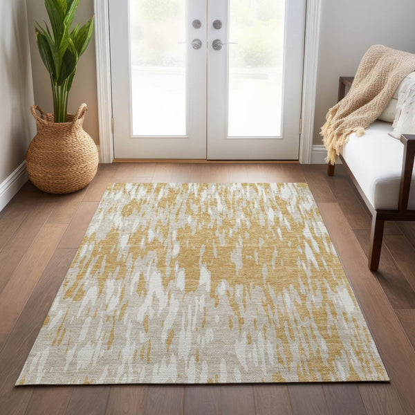 HomeRoots 5' Gold and Ivory Abstract Area Rug - Durable, Washable Design for Indoor and Outdoor Spaces 10' X 14' 612664