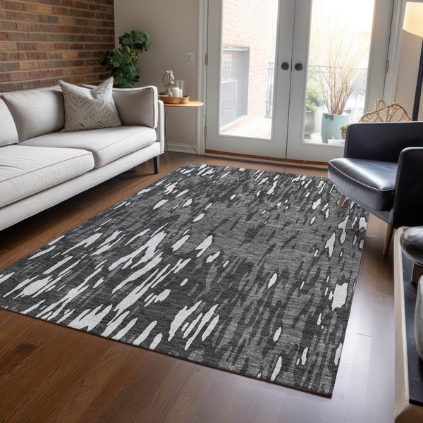 HomeRoots 5' Gray and Ivory Abstract Area Rug - Washable, Durable Design for Indoor and Outdoor Spaces 9' X 12' 612669