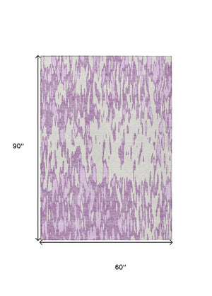 HomeRoots 5' Abstract Lavender and Ivory Washable Area Rug for Modern Indoor and Outdoor Spaces, Durable Design 5' X 8' 612678