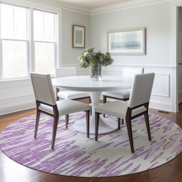 HomeRoots 5' Abstract Lavender and Ivory Washable Area Rug for Modern Indoor and Outdoor Spaces, Durable Design 8' Round 612679
