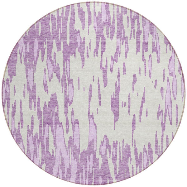 HomeRoots 5' Abstract Lavender and Ivory Washable Area Rug for Modern Indoor and Outdoor Spaces, Durable Design 8' Round 612679