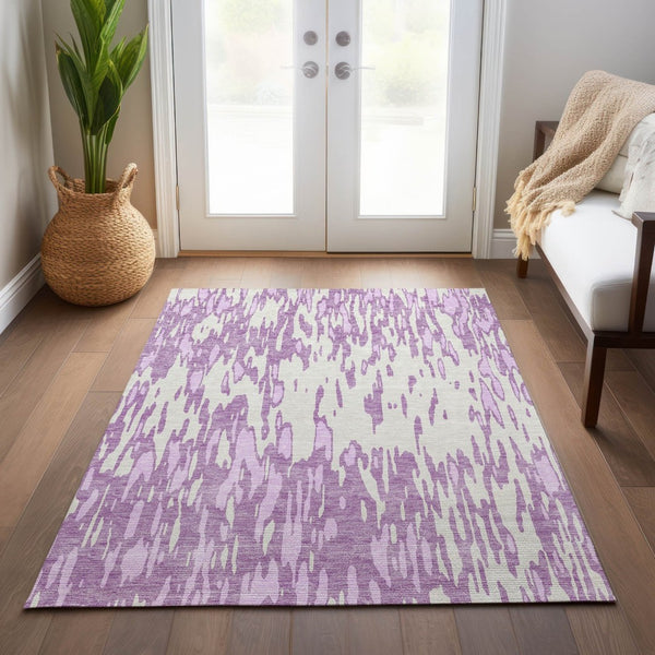 HomeRoots 5' Abstract Lavender and Ivory Washable Area Rug for Modern Indoor and Outdoor Spaces, Durable Design 9' X 12' 612681