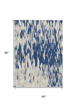 HomeRoots 5' Navy Blue and Ivory Abstract Area Rug - Stylish, Washable, Indoor/Outdoor, Perfect for High-Traffic Spaces 5' X 8' 612684