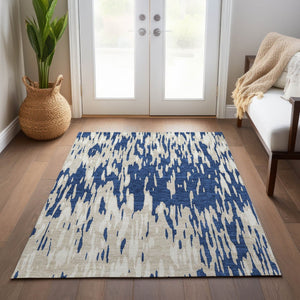 HomeRoots 5' Navy Blue and Ivory Abstract Area Rug - Stylish, Washable, Indoor/Outdoor, Perfect for High-Traffic Spaces 5' X 8' 612684