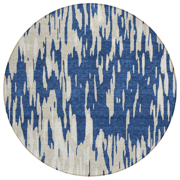 HomeRoots 5' Navy Blue and Ivory Abstract Area Rug - Stylish, Washable, Indoor/Outdoor, Perfect for High-Traffic Spaces 8' Round 612685