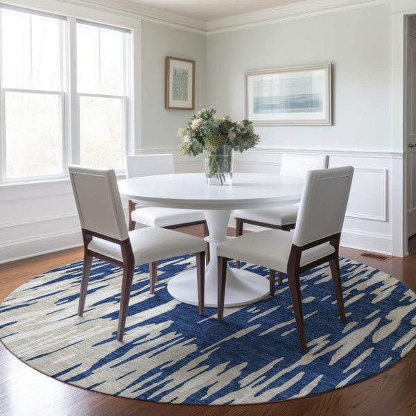 HomeRoots 5' Navy Blue and Ivory Abstract Area Rug - Stylish, Washable, Indoor/Outdoor, Perfect for High-Traffic Spaces 8' Round 612685