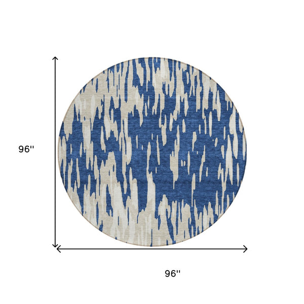 HomeRoots 5' Navy Blue and Ivory Abstract Area Rug - Stylish, Washable, Indoor/Outdoor, Perfect for High-Traffic Spaces 8' Round 612685
