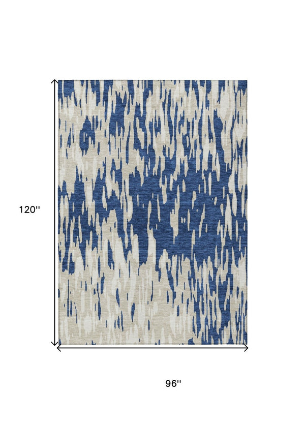 HomeRoots 5' Navy Blue and Ivory Abstract Area Rug - Stylish, Washable, Indoor/Outdoor, Perfect for High-Traffic Spaces 8' X 10' 612686