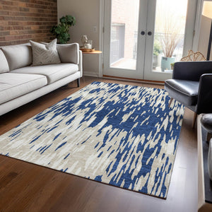HomeRoots 5' Navy Blue and Ivory Abstract Area Rug - Stylish, Washable, Indoor/Outdoor, Perfect for High-Traffic Spaces 9' X 12' 612687