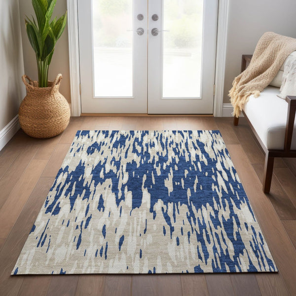 HomeRoots 5' Navy Blue and Ivory Abstract Area Rug - Stylish, Washable, Indoor/Outdoor, Perfect for High-Traffic Spaces 9' X 12' 612687