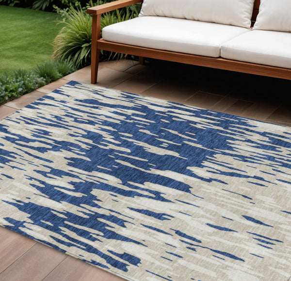 HomeRoots 5' Navy Blue and Ivory Abstract Area Rug - Stylish, Washable, Indoor/Outdoor, Perfect for High-Traffic Spaces 10' X 14' 612688
