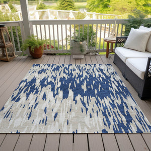 HomeRoots 5' Navy Blue and Ivory Abstract Area Rug - Stylish, Washable, Indoor/Outdoor, Perfect for High-Traffic Spaces 10' X 14' 612688