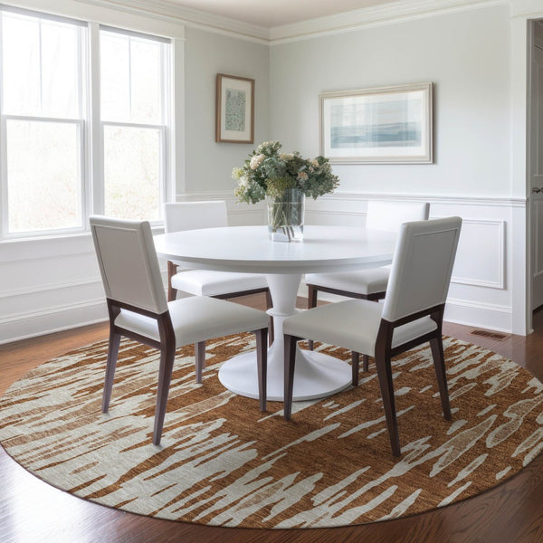 HomeRoots 5' Bold Orange and Ivory Abstract Indoor Outdoor Area Rug - Stylish, Durable, Easy-Care Design 8' Round 612691