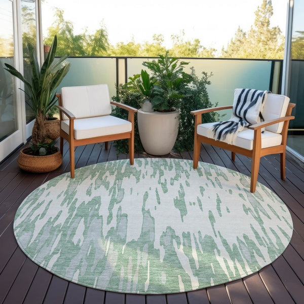 HomeRoots 5' Modern Sage and Ivory Abstract Area Rug for Indoor and Outdoor Use - Durable, Washable Design 8' Round 612697
