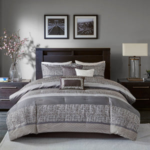 English Elm 7 Madison Park Rhapsody Jacquard Comforter Set Queen — Striped Motif, Embroidered Pillows & Bedskirt, Machine Washable Grey+Taupe 24.21 L x 18.9 W x 16.34 H B03596939