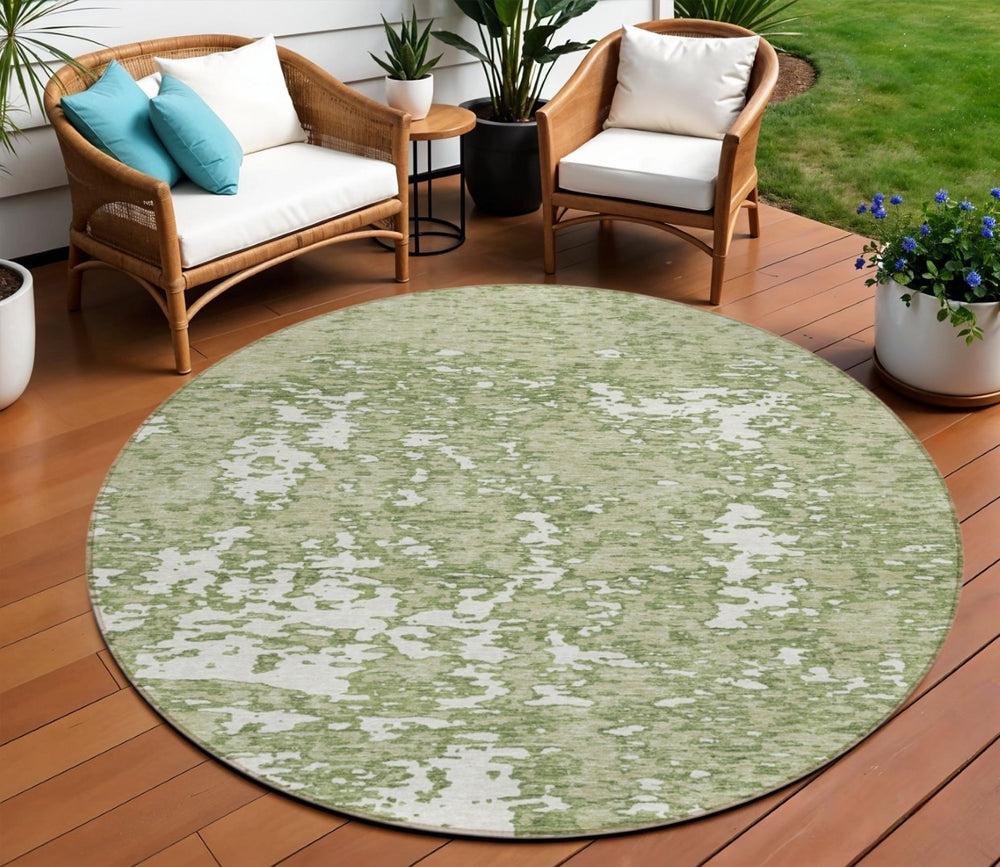 HomeRoots 5' Stylish Sage and Ivory Abstract Area Rug for Indoor and Outdoor Use - Durable, Washable Design 8' Round 612703
