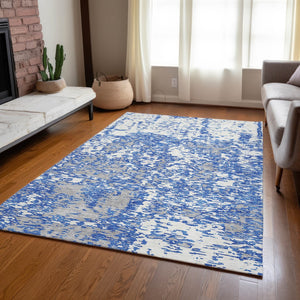 Homeroots 3' Abstract Washable Area Rug - Durable Indoor Outdoor Rectangle Rug For Stylish Spaces Blue Polyester 612730