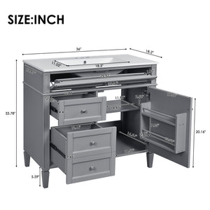 English Elm 36'' Modern Bathroom Vanity With Medicine Cabinet, Soft-Close Doors, 4 Drawers & Ceramic Sink Set SW000134AAE-1