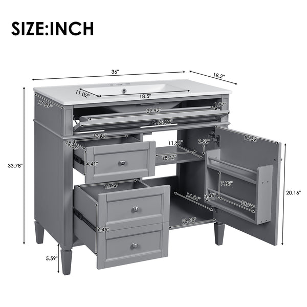 English Elm 36'' Modern Bathroom Vanity With Medicine Cabinet, Soft-Close Doors, 4 Drawers & Ceramic Sink Set SW000134AAE-1