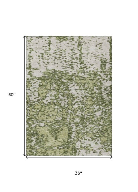 Homeroots 3' Abstract Washable Area Rug - Durable Indoor Outdoor Rectangle Rug For Stylish Spaces Olive Green Polyester 612761