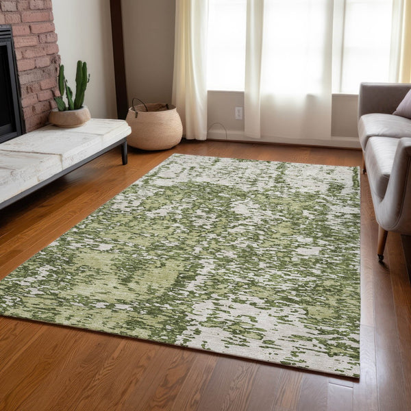 Homeroots 3' Abstract Washable Area Rug - Durable Indoor Outdoor Rectangle Rug For Stylish Spaces Olive Green Polyester 612765
