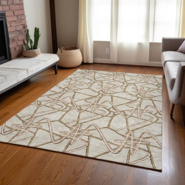 Homeroots 3' Stylish Geometric Washable Area Rug For Indoor And Outdoor Spaces - Durable & Easy To Clean! Beige Polyester 612782