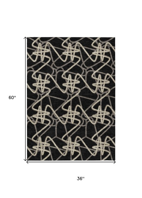 Homeroots 3' Stylish Geometric Washable Area Rug For Indoor And Outdoor Spaces - Durable & Easy To Clean! Black Polyester 612785