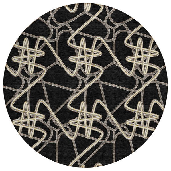 HomeRoots 5' Stylish Black Ivory Brown Geometric Indoor Outdoor Rug - Durable, Washable, and Versatile Design 8' Round 612787