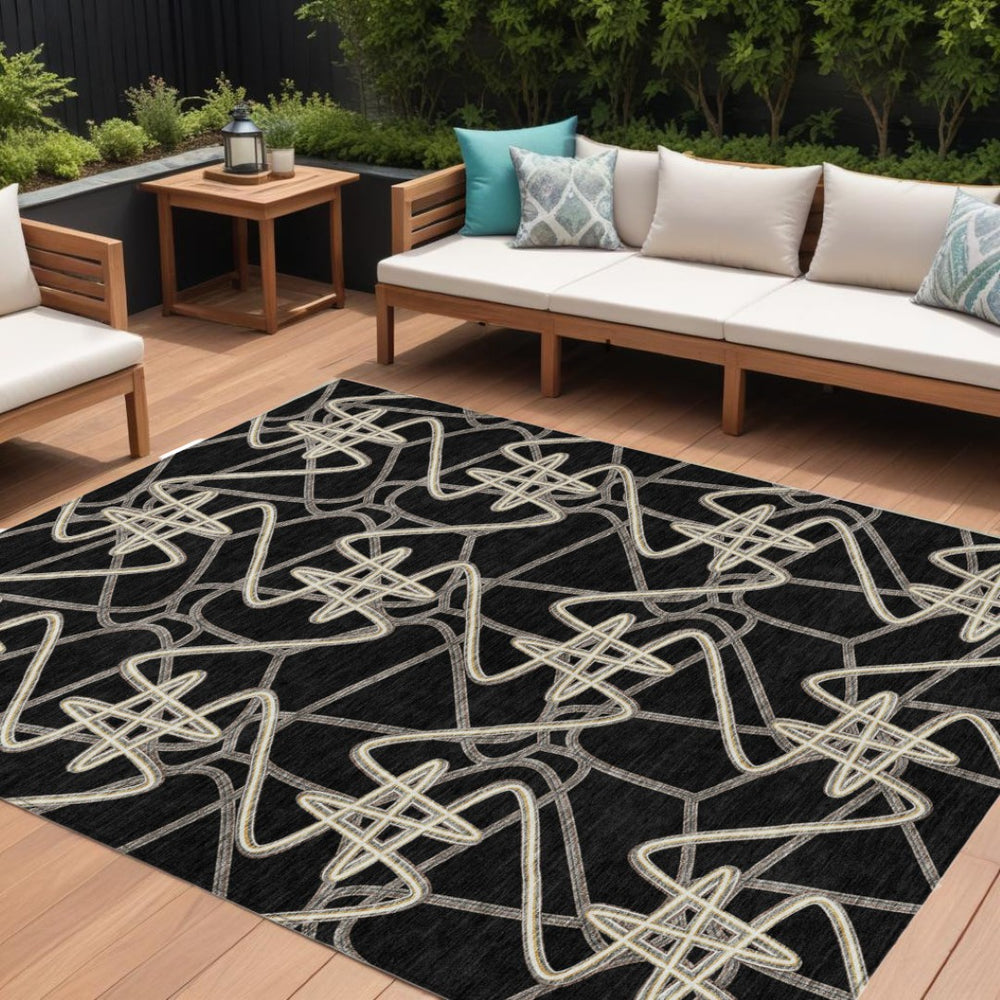 HomeRoots 5' Stylish Black Ivory Brown Geometric Indoor Outdoor Rug - Durable, Washable, and Versatile Design 10' X 14' 612790