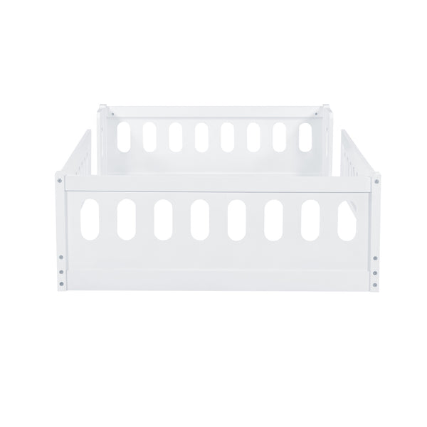 English Elm Wood Twin Size Platform Bed with Guardrail — Sturdy Pine & MDF Construction, Safe Low-Profile Design for Kids White N709P180836K