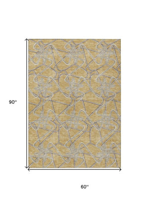 Homeroots 3' Stylish Geometric Washable Area Rug For Indoor And Outdoor Spaces - Durable & Easy To Clean! Gold Polyester 612798