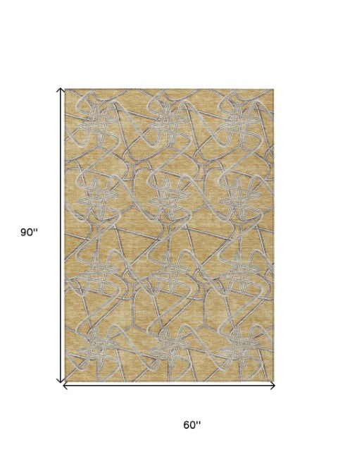 Homeroots 3' Stylish Geometric Washable Area Rug For Indoor And Outdoor Spaces - Durable & Easy To Clean! Gold Polyester 612798