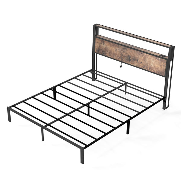 English Elm Full Metal Bed Frame with Rgb Led Headboard Shelving and Built-in Charging Ports Brown T3963P483793